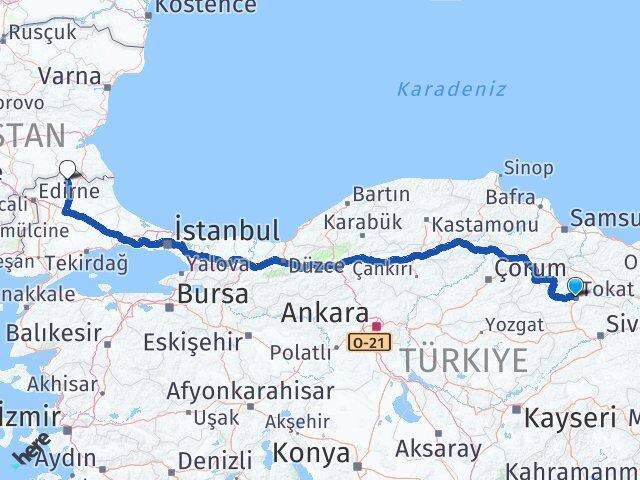 Tokat Kofçaz Kırklareli Arası Kaç Km - Yol Haritası