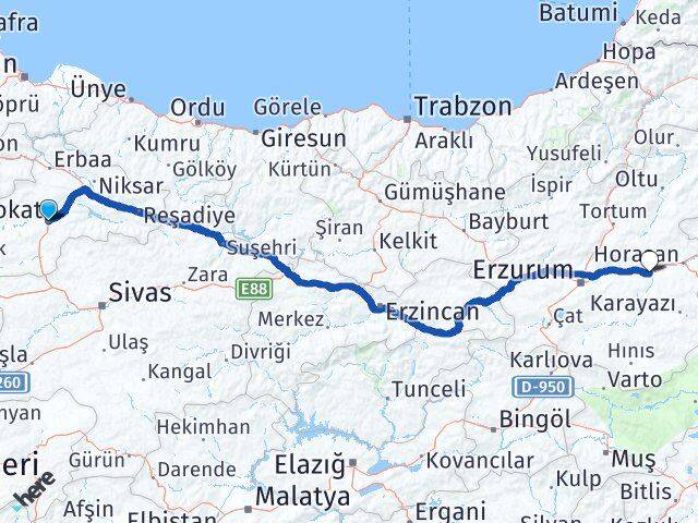 Tokat Köprüköy Erzurum Arası Kaç Km - Yol Haritası