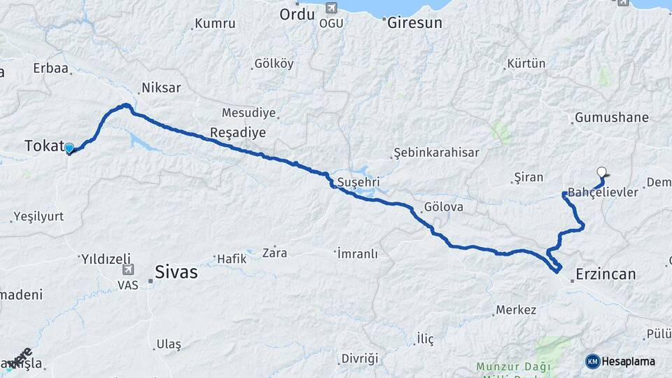 Tokat Köse Gümüşhane Arası Kaç Km - Yol Haritası