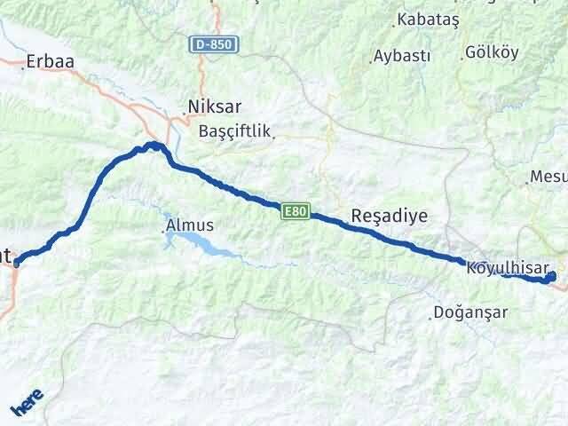 Tokat Koyulhisar Sivas Arası Kaç Km - Yol Haritası