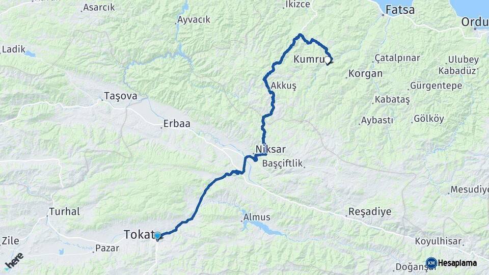 Tokat Kumru Ordu Arası Kaç Km - Yol Haritası