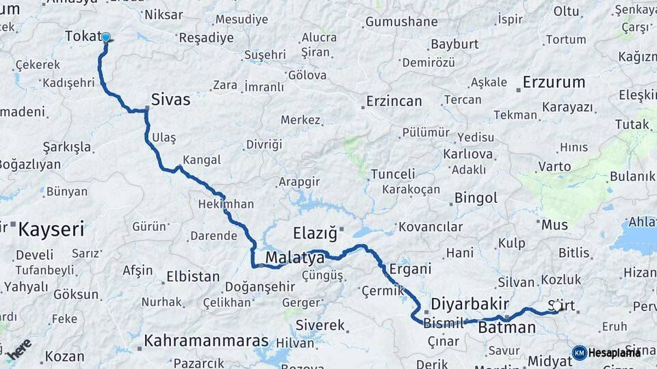 Tokat Kurtalan Siirt Arası Kaç Km - Yol Haritası
