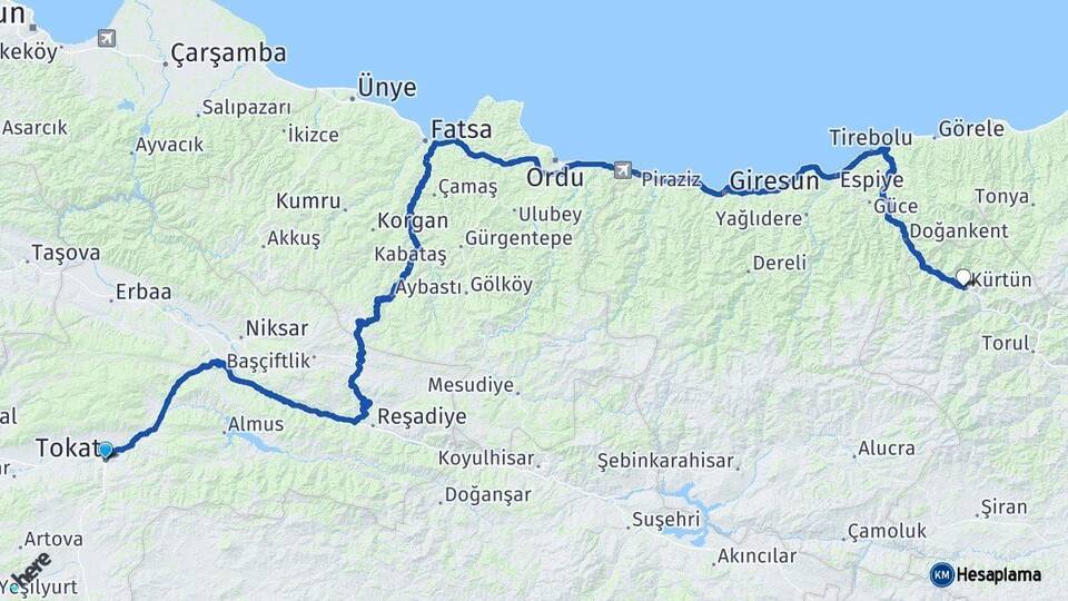 Tokat Kürtün Gümüşhane Arası Kaç Km - Yol Haritası