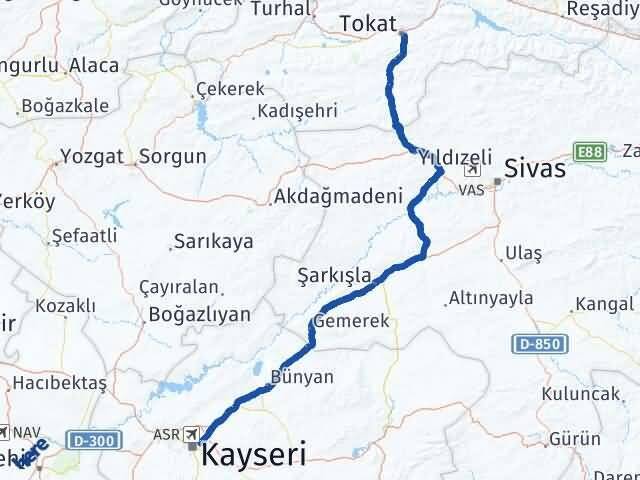 Tokat Melikgazi Kayseri Arası Kaç Km - Yol Haritası