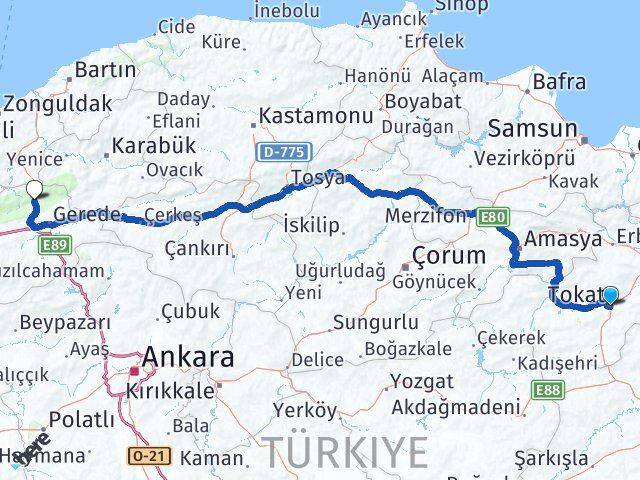 Tokat Mengen Bolu Arası Kaç Km - Yol Haritası