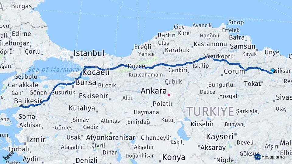 Tokat Niksar Akçay Edremit Balıkesir Arası Kaç Km - Yol Haritası