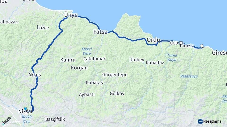 Tokat Niksar Bulancak Giresun Arası Kaç Km - Yol Haritası