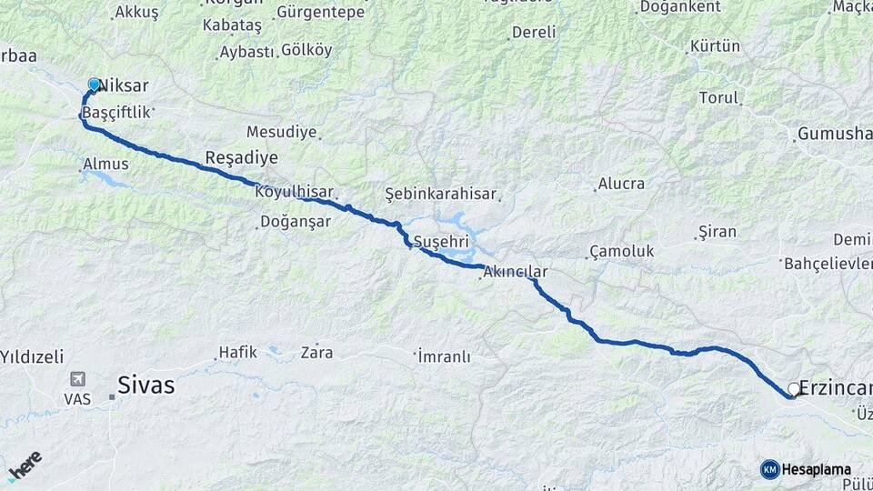 Tokat Niksar Erzincan Arası Kaç Km - Yol Haritası