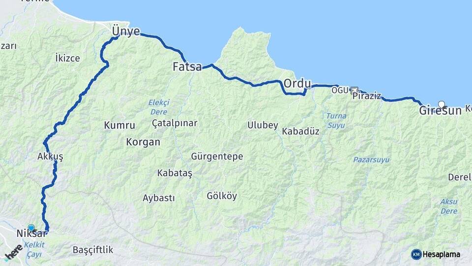 Tokat Niksar Giresun Arası Kaç Km - Yol Haritası