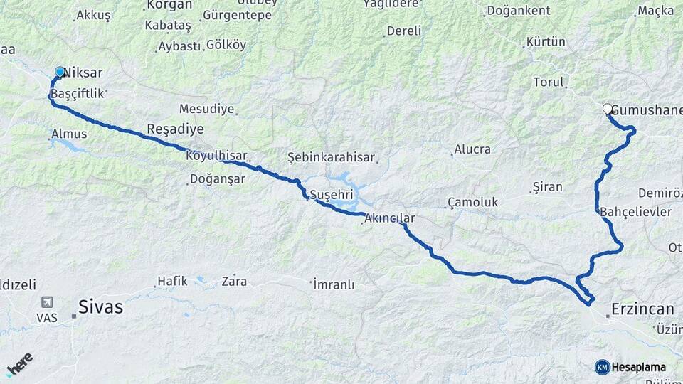 Tokat Niksar Gümüşhane Arası Kaç Km - Yol Haritası