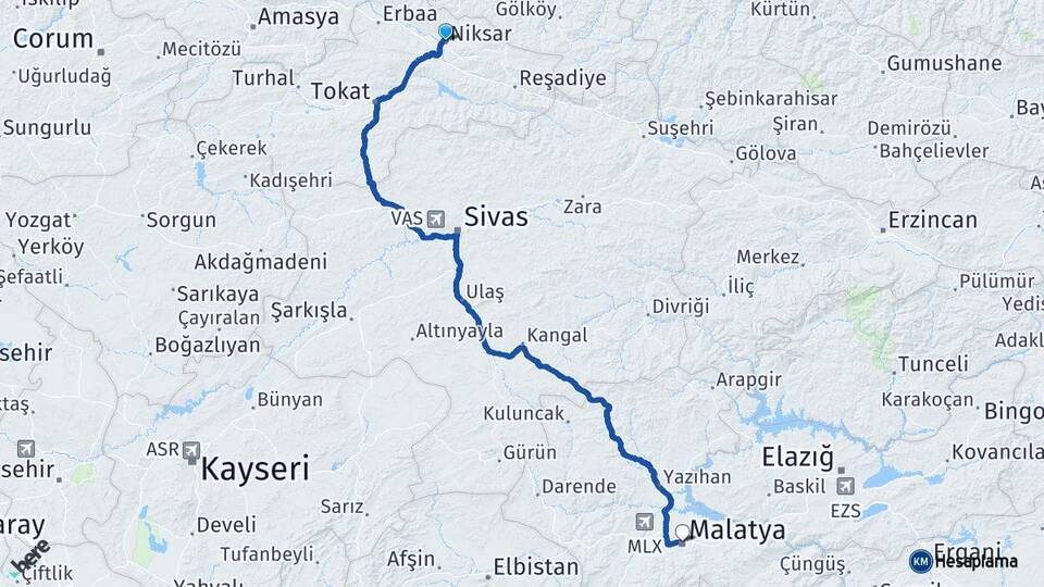 Tokat Niksar Malatya Arası Kaç Km - Yol Haritası