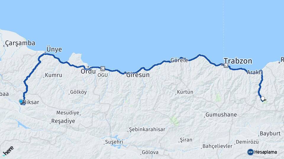 Tokat Niksar Uzungöl Çaykara Trabzon Arası Kaç Km - Yol Haritası
