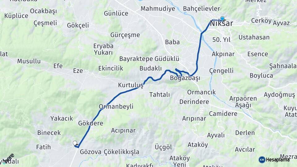 Tokat Niksar Yazıbaşı Arası Kaç Km - Yol Haritası