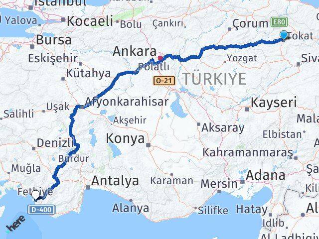 Tokat Ölüdeniz Fethiye Muğla Arası Kaç Km - Yol Haritası