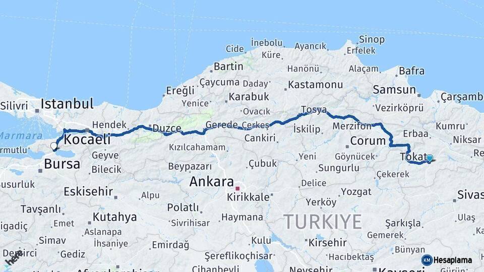 Tokat Orhangazi Bursa Arası Kaç Km - Yol Haritası