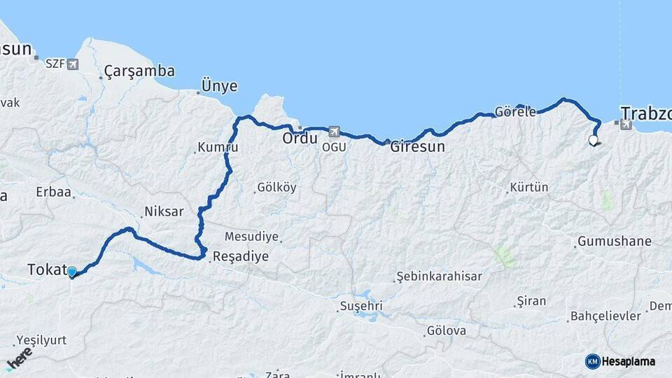 Tokat Ortahisar Trabzon Arası Kaç Km - Yol Haritası