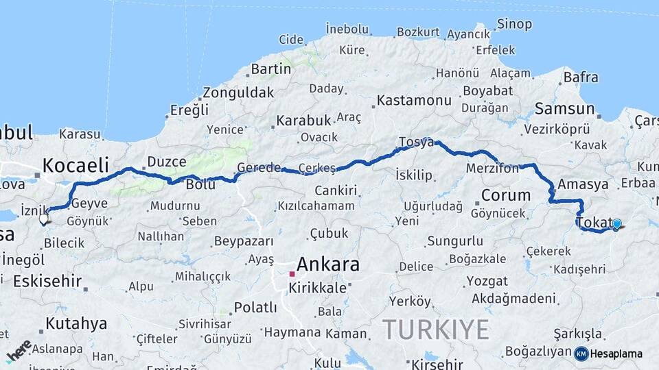 Tokat Osmaneli Bilecik Arası Kaç Km - Yol Haritası