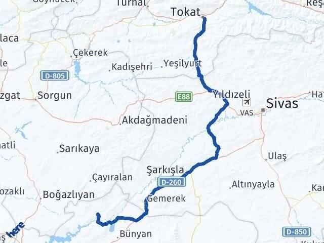 Tokat Özvatan Kayseri Arası Kaç Km - Yol Haritası