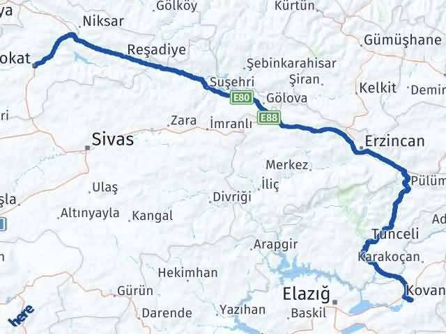 Tokat Palu Elazığ Arası Kaç Km - Yol Haritası