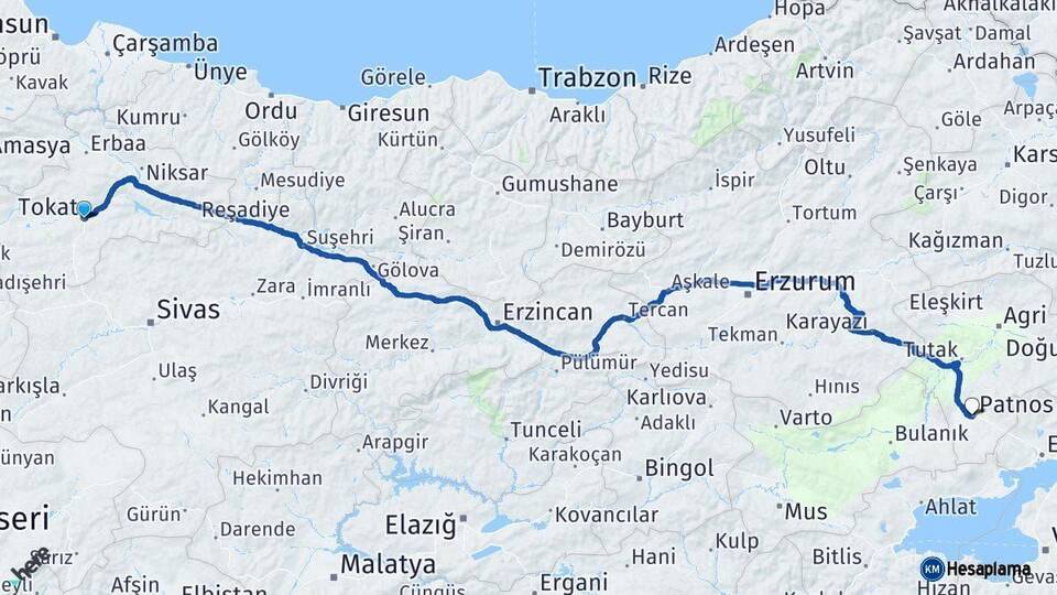 Tokat Patnos Ağrı Arası Kaç Km - Yol Haritası