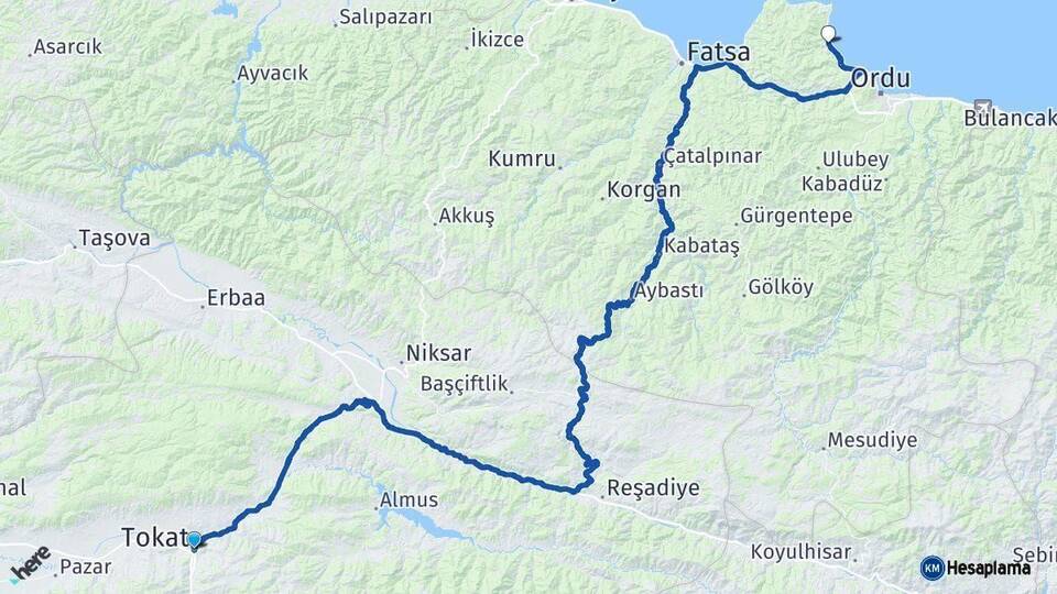 Tokat Perşembe Ordu Arası Kaç Km - Yol Haritası