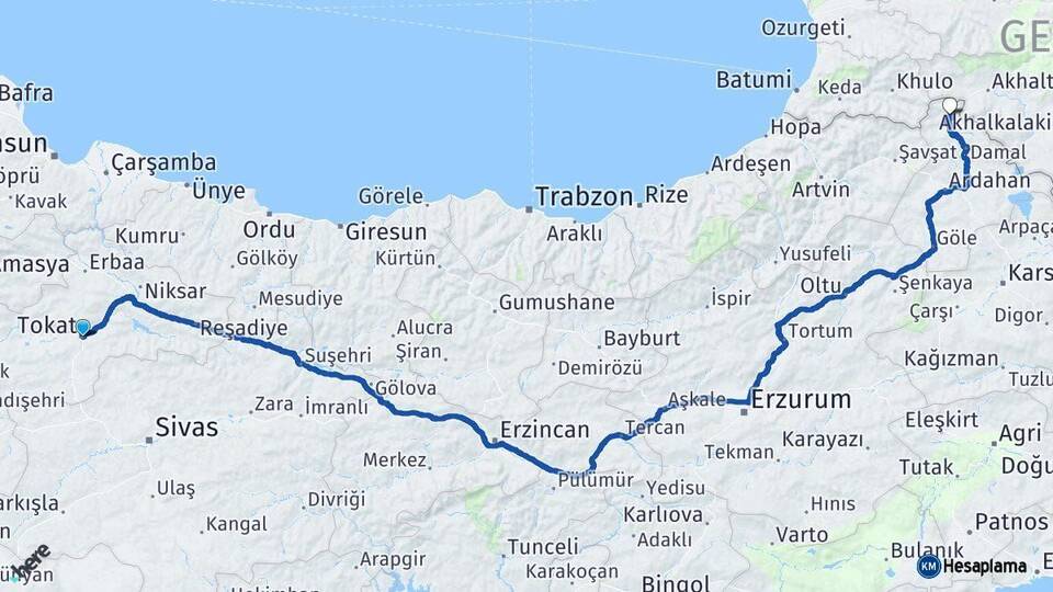 Tokat Posof Ardahan Arası Kaç Km - Yol Haritası