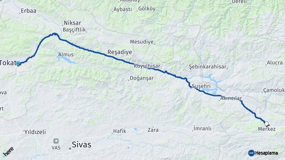 Tokat Refahiye Erzincan Arası Kaç Km - Yol Haritası