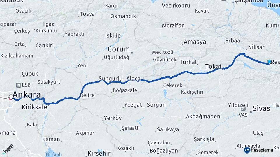 Tokat Reşadiye Ankara Arası Kaç Km - Yol Haritası