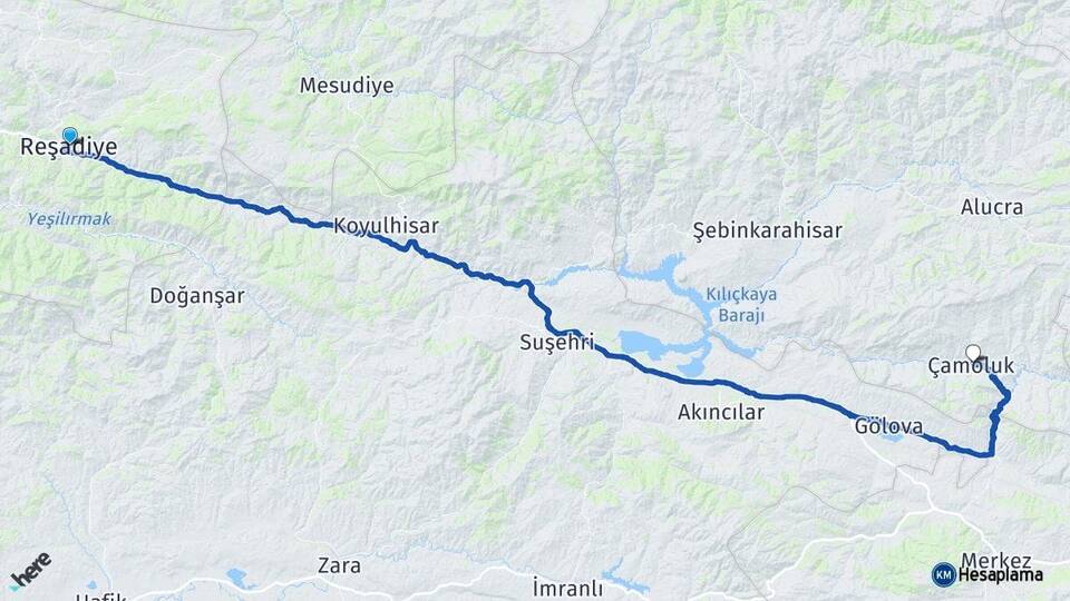 Tokat Reşadiye Çamoluk Giresun Arası Kaç Km - Yol Haritası