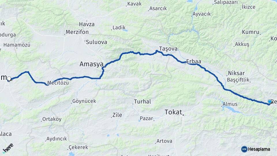 Tokat Reşadiye Çorum Arası Kaç Km - Yol Haritası