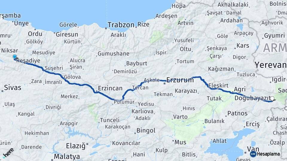 Tokat Reşadiye Doğubayazıt Ağrı Arası Kaç Km - Yol Haritası