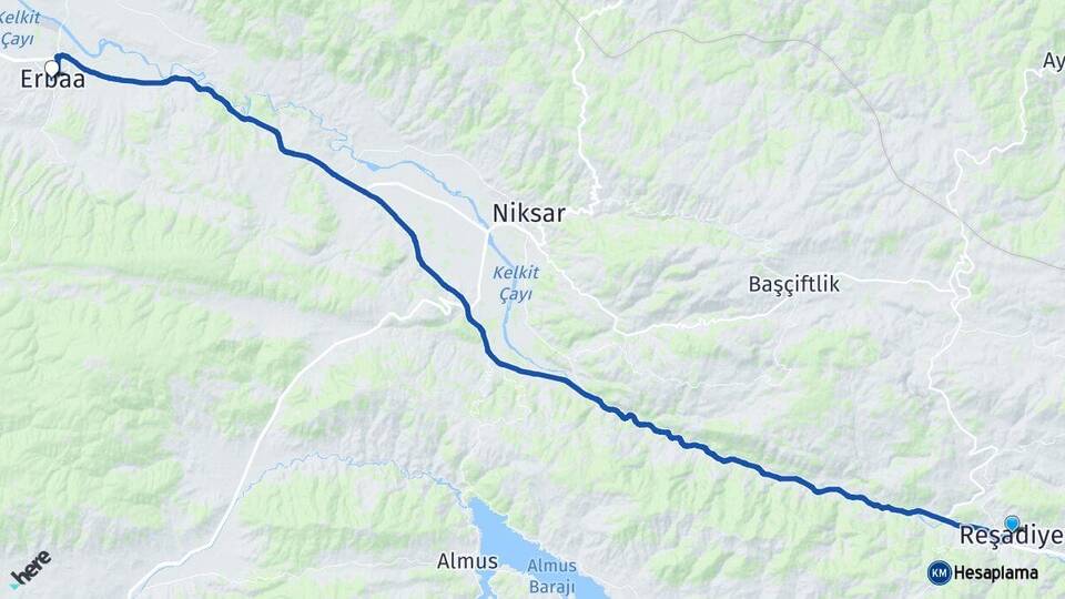 Tokat Reşadiye Erbaa Arası Kaç Km - Yol Haritası
