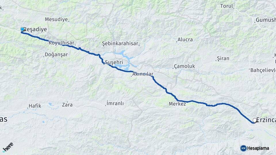 Tokat Reşadiye Erzincan Arası Kaç Km - Yol Haritası