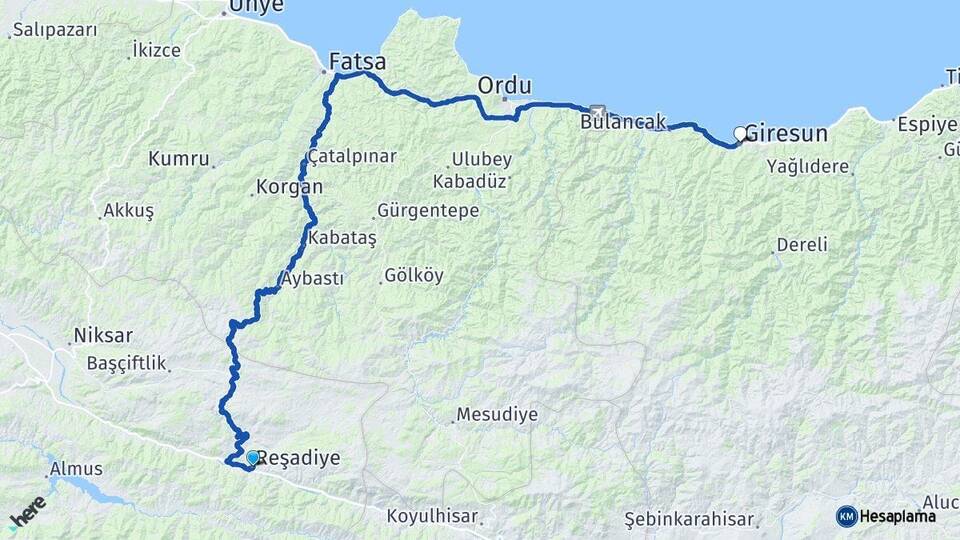 Tokat Reşadiye Giresun Arası Kaç Km - Yol Haritası