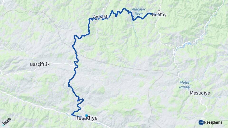 Tokat Reşadiye Gölköy Ordu Arası Kaç Km - Yol Haritası