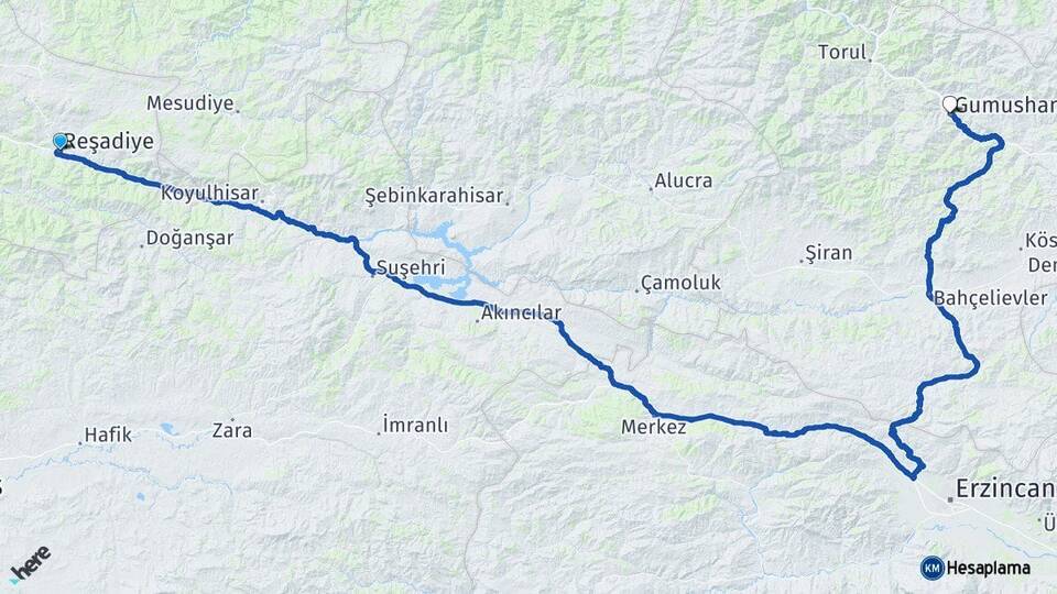 Tokat Reşadiye Gümüşhane Arası Kaç Km - Yol Haritası