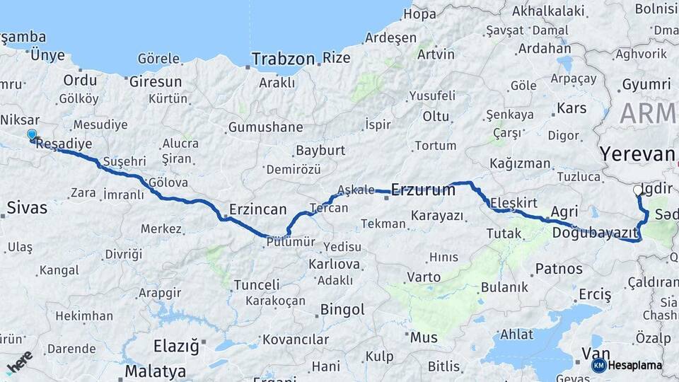 Tokat Reşadiye Iğdır Arası Kaç Km - Yol Haritası