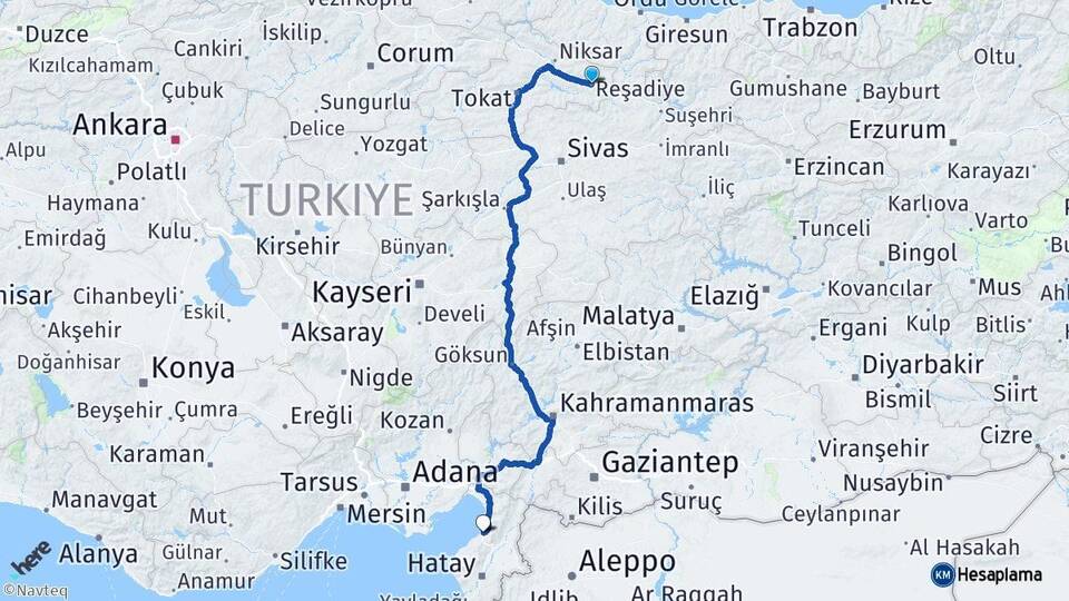 Tokat Reşadiye İskenderun Hatay Arası Kaç Km - Yol Haritası