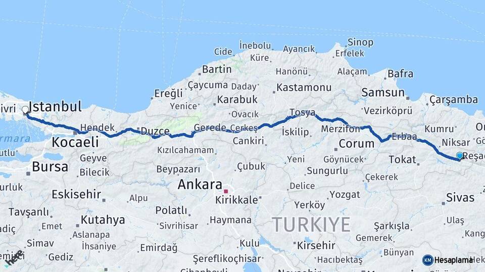 Tokat Reşadiye İstanbul Arası Kaç Km - Yol Haritası