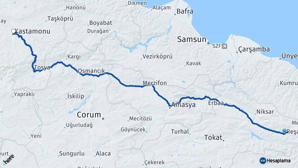 Tokat Reşadiye Kastamonu Arası Kaç Km - Yol Haritası