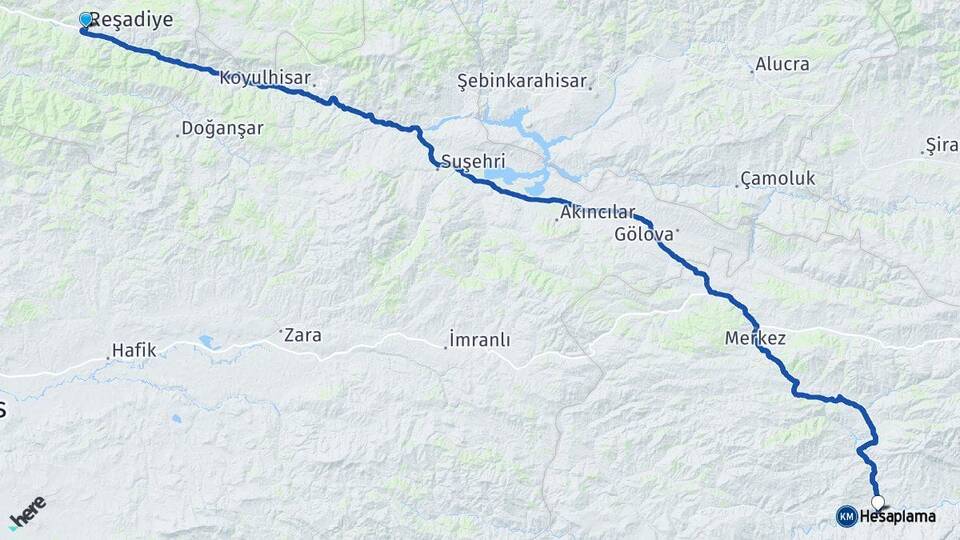 Tokat Reşadiye Kemah Erzincan Arası Kaç Km - Yol Haritası