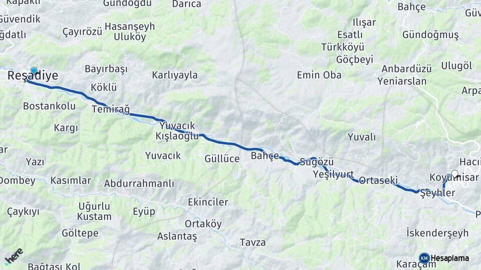 Tokat Reşadiye Koyulhisar Sivas Arası Kaç Km - Yol Haritası