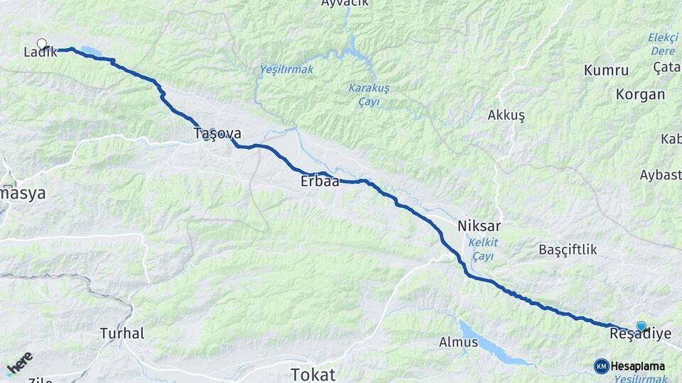 Tokat Reşadiye Ladik Samsun Arası Kaç Km - Yol Haritası