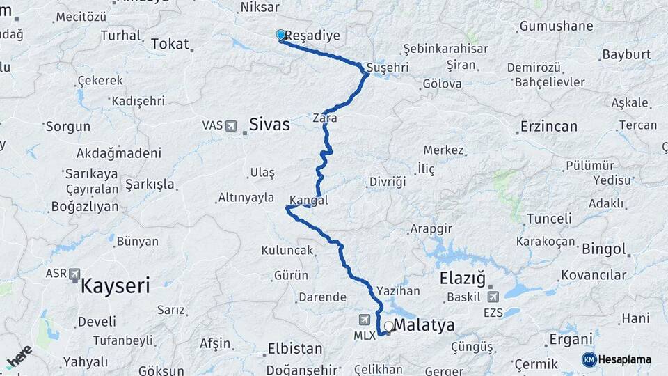 Tokat Reşadiye Malatya Arası Kaç Km - Yol Haritası