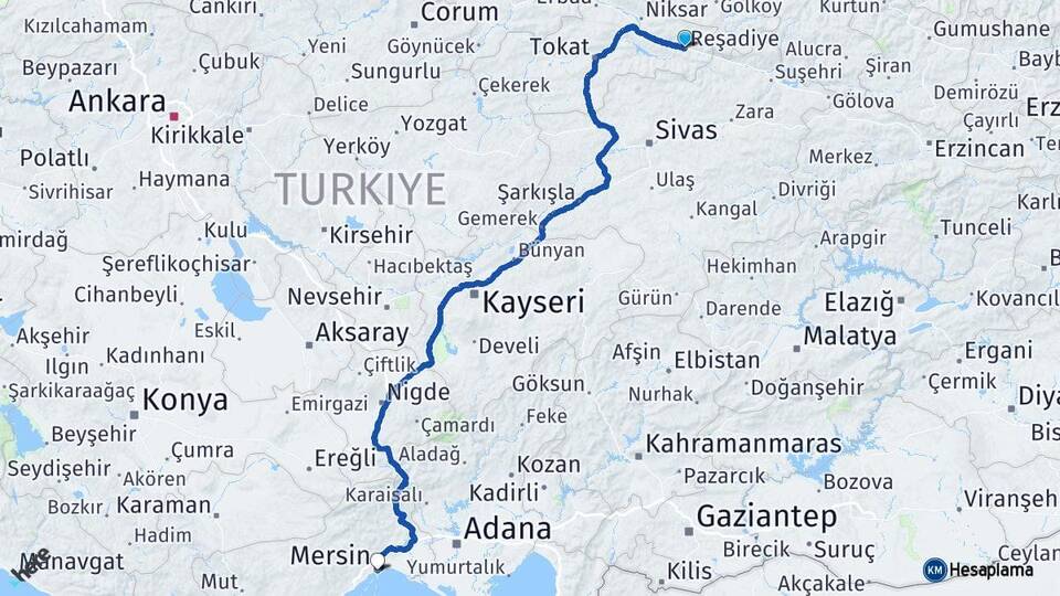 Tokat Reşadiye Mersin Arası Kaç Km - Yol Haritası