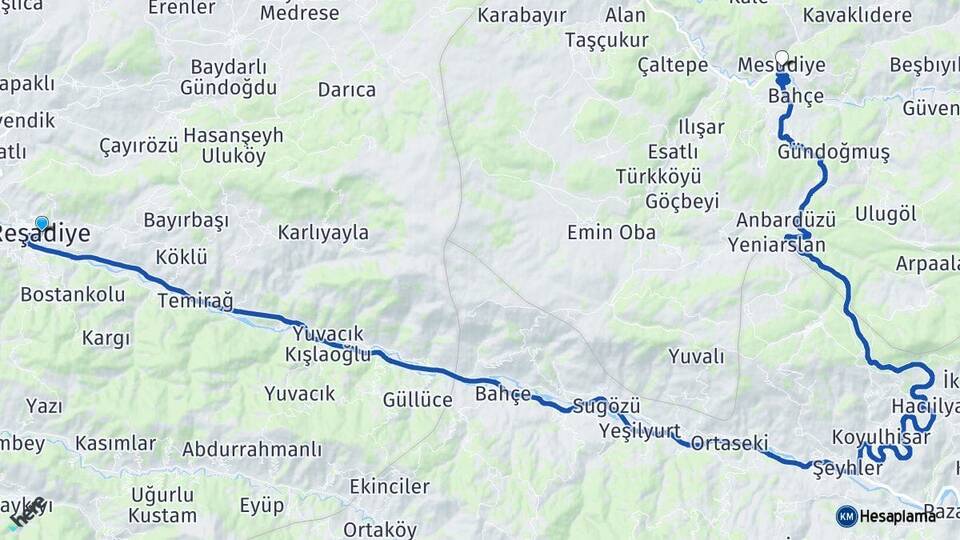 Tokat Reşadiye Mesudiye Ordu Arası Kaç Km - Yol Haritası