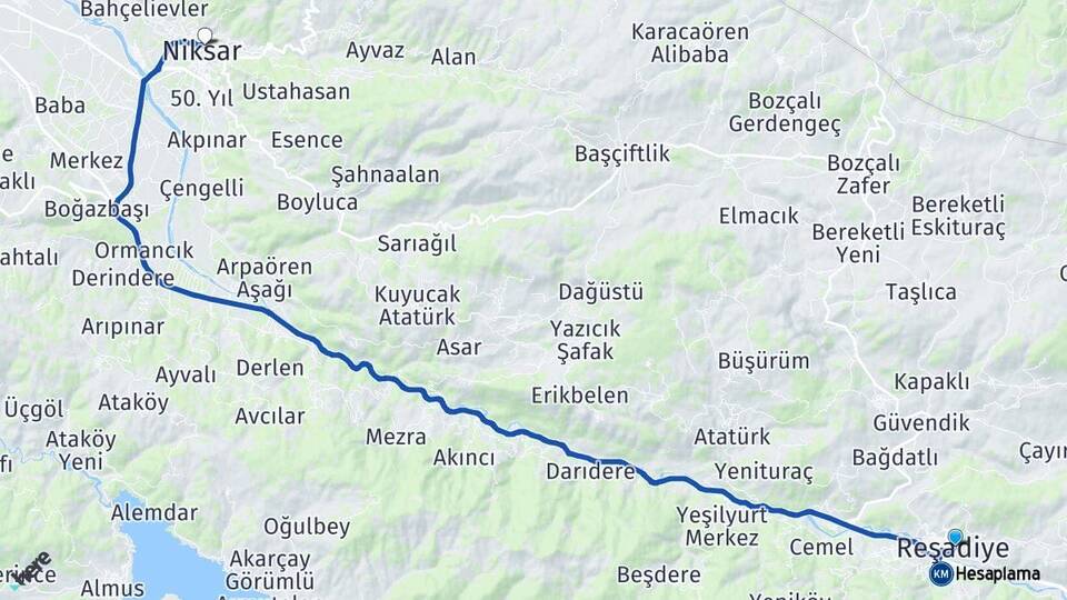 Tokat Reşadiye Niksar Arası Kaç Km - Yol Haritası