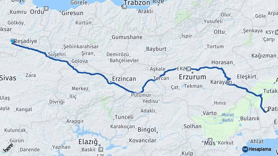 Tokat Reşadiye Patnos Ağrı Arası Kaç Km - Yol Haritası