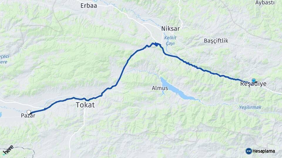 Tokat Reşadiye Pazar Arası Kaç Km - Yol Haritası
