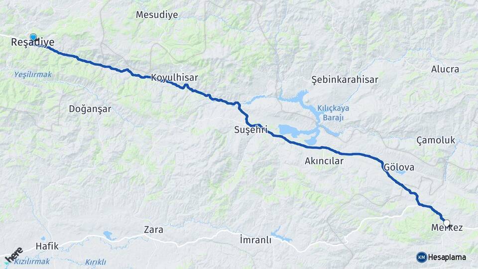 Tokat Reşadiye Refahiye Erzincan Arası Kaç Km - Yol Haritası